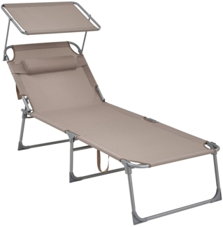 Große Sonnenliege, klappbarer Liegestuhl, 200 x 71 x 38 cm, Belastbarkeit 150 kg, mit Sonnenschutz, Kopfstütze und Verstellbarer Rückenlehne, für Garten Pool Terrasse, Taupe GCB022K01