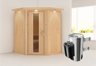 Karibu Sauna Nanja mit Dachkranz + 3,6kW Saunaofen mit integr. Steuerung Klarglas Ganzglastür