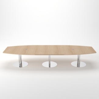 Rheinland Möbel Konferenztisch KONTI 400x130 cm – ovaler Besprechungstisch in Eiche mit verchromten Säulenfüßen & 2 Kabelauslässen, erweiterbarer Meetingtisch für 12–14 Personen, moderner XXL-Tisch fürs Büro