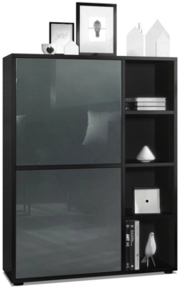 Highboard Schrank Anrichte Cuba mit 8 Fächern, Korpus in Schwarz matt / Fronten in Grau Hochglanz