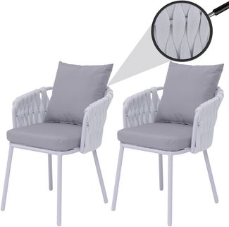 2er-Set Aluminium-Gartenstuhl HWC-P89, Gartensessel Outdoor Stuhl, Stoff/Textil (180 g/m²) Seilgeflecht Rope ~ hellgrau