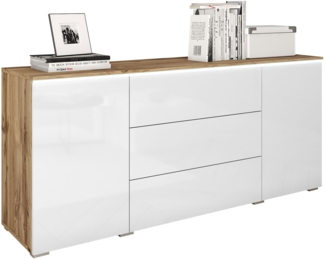 Kommode Doppo 150 (Farbe: Wotan / Weiß Hochglanz, mit weißer LED Beleuchtung)