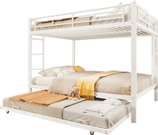 Etagenbett mit Gästebett, Lattenrost, Leiter und Rausfallschutz, 140x200cm, Kinderbett, Jugendbett, Metallbett