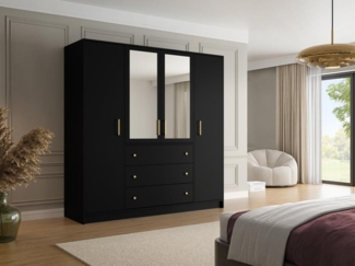 Vente-unique - Kleiderschrank mit 4 Türen & 3 Schubladen - Mit Spiegeln - 196 cm - Schwarz - LIZANDRO