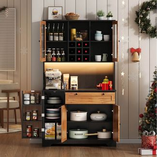 Flieks Küchenbuffet mit Steckdose, LED-Beleuchtung, Weinregal, Glastüren und Türablagen (1-St, 105x40x180 cm) Hochschrank Küchenschrank Geschirrschrank mit verstellbare Ablagen