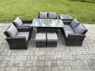 Fimous Rattan Gartenmöbel-Set 8 Sitzer Terrassen mit Länglicher Esstisch Doppelsitzsofa Beistelltisch 2 kleine Fußhockern Dunkelgrau gemischt