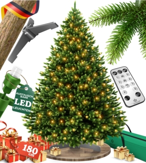 KESSER® Weihnachtsbaum künstlich – wie echt – naturgetreuer Tannenbaum mit Holzständer + Tasche, dichte Zweige, kein Nadeln, realistischer Pine Tree, Christbaum, Dunkelgrün Mit LED, 180 cm