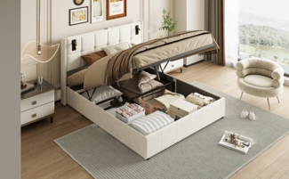 Gasdruckbett mit Leseleuchte und USB, 160x200cm Beige Samt