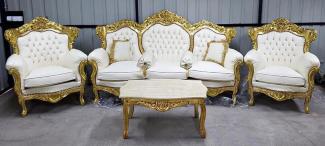 Casa Padrino Barock Wohnzimmer Set Weiß / Gold - 1 Barock Kunstleder Sofa & 2 Barock Kunstleder Sessel - Wohnzimmer Möbel im Barockstil - Barock Möbel - Barock Wohnzimmer Einrichtung