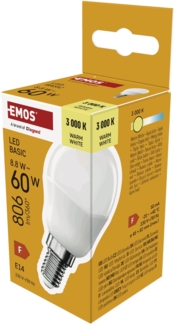 EMOS - LED-Lampe BASIC MiniGlobe - E14 Sockel - Warmweiß - 806 lm - 8,8W (Ersatz für 60W Glühbirne) - Lebensdauer 20 000 Stunden - Abstrahlwinkel 180° - CRI min. 80
