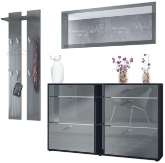 Vladon Garderoben-Set Orlando, (Garderoben-Set, mit Schuhschrank, Wandpaneel und Wandspiegel), Schwarz matt/Grau Hochglanz