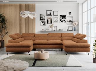 Ecksofa U-Form, mit Bettkasten, Bettfunktion und Einstellbare Kopfstützen, Sofa big XXL - PETER U - Orange Stoff