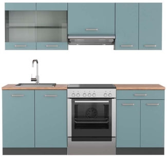 Vicco Küchenzeile Blau-Grau/Anthrazit 200 cm , AP Eiche, R-Line