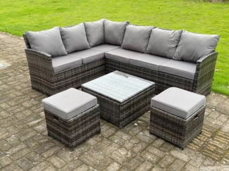 Fimous Hoher Rücken Dunkelgrau gemischt Rattan Ecksofa Set Gartenmöbel Quadratischer Couchtisch 2 kleine Fußhockern 8 Sitzer
