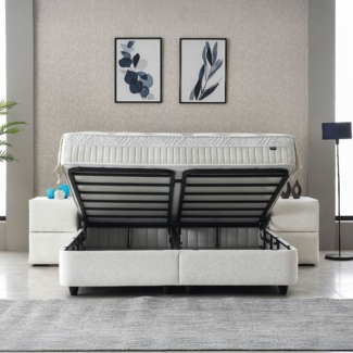 abc bedding Boxspringbett Komfortbett LAURA in stillvollem creme Stoffdesign (Bett mit Topper, inkl. Matratze und Topper), Voll-orthopädisches Schlafsystem inklusive Bettkasten