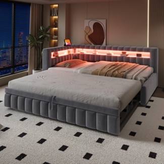 Merax Daybett Polsterbett Schlafsofa mit Ausziehbett 90/180x200 cm mit LED & Aufladen, Grau