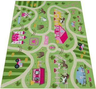 Paco Home Kinderteppich Bino 560, rechteckig, Höhe: 4 mm, Kurzflor, Straßen-Spiel-Teppich, Motiv Bauernhof, Kinderzimmer