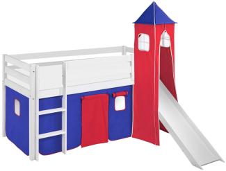 Lilokids 'Jelle' Spielbett 90x190 cm, Blau Rot, Kiefer massiv, mit Turm, Rutsche und Vorhang