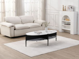 Vente-unique - Couchtisch oval mit 4 Ablagefächern - MDF & Metall - Marmor-Optik Weiß & Schwarz - EVARO