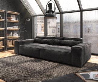 Big-Sofa Sirpio 230x95 cm Mikrofaser Schwarz mit Hocker