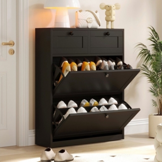 VOWNER Schuhschrank mit 2 Klappen, Schuhregal, 80 x 24 x 100 cm Schwarz
