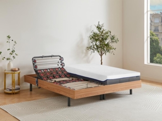 Relaxbett elektrisch - Matratzen mit Memory Schaum - DIONYSOS von YSMÉE - mit OKIN-Motor - Holzfarben natürlich - 2 x 90 x 200 cm