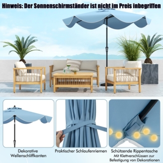 Terrassenschirm mit Kurbel Neigung per Druckknopf & Gerüschten Kanten Tischschirm Blau