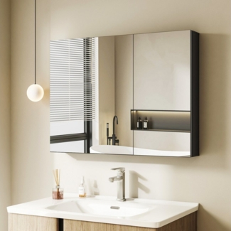 Hopibath Badezimmerspiegelschrank Aluminium Spiegelschrank Schwarz 2türig 80B x 12,5T X 60H cm (Wandschrank Badschrank, mit Doppelseitiger Spiegel, 2Glasböden) vormontiert geliefert