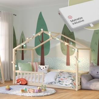Bellabino 'Bia' Hausbett 90x200 cm mit Matratze, natur, Kiefer Massivholz, Bodenbett in Hausoptik, Montessori Kinderbett mit Rausfallschutz und Lattenrost