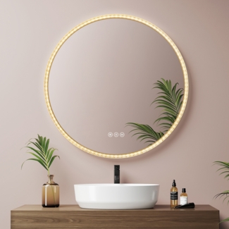 EMKE LED Badspiegel mit Beleuchtung Touch 3 Lichtfarben Beschlagfrei Acryl Gold Rand ф60 cm Badezimmerspiegel