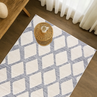 Teppich Wohnzimmer Hochflor - Boho - Skandinavisch - 200x290cm - Pastell Creme Grau - Raute Muster - Flauschig Weich - Wohnteppich Schlafzimmer Dekoration