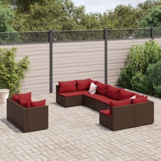 vidaXL 9-tlg. Garten-Sofagarnitur mit Kissen Braun Poly Rattan 3308301