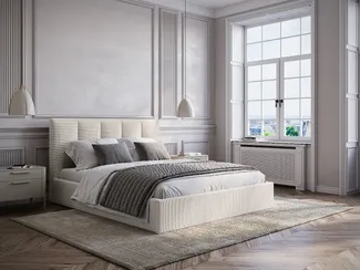 Vente-unique - Bett mit Bettkasten & Kopfteil mit vertikalen Ziernähten + Matratze - 200 x 200 cm - Stoff - Beige - KILACLO