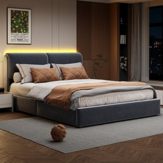 Furnishings Home Polsterbett Doppelbett Stauraumbett Modernes, Weiches Kopfteil mit LED, Inkl. Bettkasten, Samt, 160x200 cm