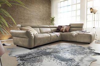 KAWOLA Sofa RISO Ecksofa mit motorischer Sitztiefenverstellung Leder grau Recamiere rechts 81 x 240 x 263 cm