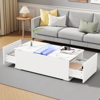 Merax Weißer Couchtisch 100x50x35cm mit Marmoroptik, LED-Beleuchtung, Glas-Element und 2 Schubladen – Belastbar bis 20 kg, modernes Design