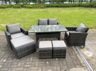 Fimous 7 Sitzer Grau gemischt Hoher Rücken Rattan Sofa Set Esstisch Gartenmöbel