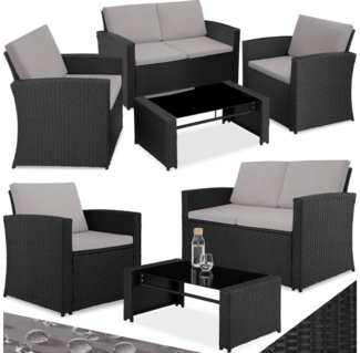 tectake® Lounge Gartenmöbel Set Poly Rattan für den Garten, Möbel für den Balkon, 12-teilige Garten Lounge (wetterfest), Essgruppe mit Outdoor Sofa, Sessel und Tisch für 4 Personen (Schwarz/Grau)