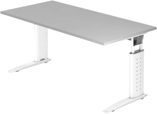 bümö höhenverstellbarer Schreibtisch U-Serie 160x80 grau, Gestell in weiß - PC Tisch für's Büro manuell höhenverstellbar, Computertisch verstellbar, US-16-5-W