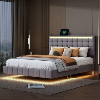 Schwebebett 160x200 cm aus grauem Leinenstoff mit LED-Beleuchtung und 2 USB-Ports