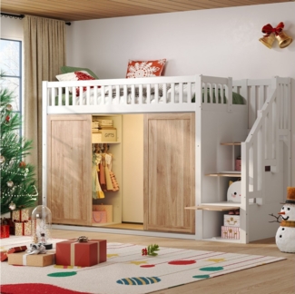 REDOM Hochbett Kinderhochbett Etagenbett mit Schrank (Kinderbett, 1-St, 90x200 cm, ohne Matratze) mit integriertem Kleiderschrank und Treppenschrank