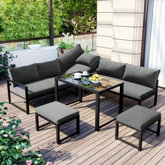 Merax Gartenlounge-Set, Aluminium Sitzgruppe für Garten Balkon , mit Liegefunktion, Vierter Gang verstellbare Rückenlehne, Tisch mit Sicherheitsglasplatte, inkl. weiche Sitz- und Rückenkissen, Grau