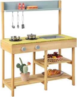 Holzküche im Freien stabile Kinderspielküche mit 3 Haken 2 Herden abnehmbarem Wasserbecken Natur