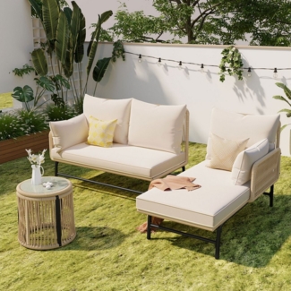 Merax Gartenlounge-Set für 4 Personen, mit Stahlrahmen und Tisch, (3-tlg), Gartenmöbel set Polytattan und Seil Geflecht, Rope Lounge Möbel