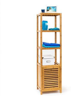 Relaxdays Badregal mit Tür, Bambus natur, 140 x 33 x 36,5 cm