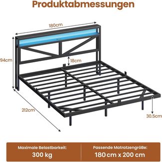 MSMASK Metallbett modernes Bettrahmen mit LED-Beleuchtung und USB-Ladeanschluss (1-tlg, Ohne Matratze), Doppelbett 180x200cm, Schwarz