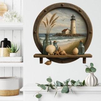 Sunnywall Wandtattoo Aufkleber Maritim – Bullauge mit Leuchtturm, Regal-Optik Küstenflair, selbstklebend, konturgeschnitten, rückstandslos entfernbar