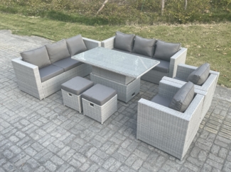 Fimous Polyrattan Essgruppe Gartenmöbel Set Höhe verstellbar Esstisch Set mit Sofa 2 Sessel 2 Kleiner Fußhocker Helles Grau