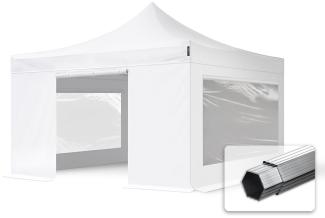 4x4 m Faltpavillon, PROFESSIONAL Alu 40mm, feuersicher, Seitenteile mit Panoramafenstern, weiß