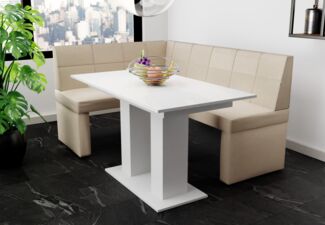 Eckbankgruppe 196x142 cm BLAKE XL R Stoff Soro Creme / Esstisch DANTE Weiß